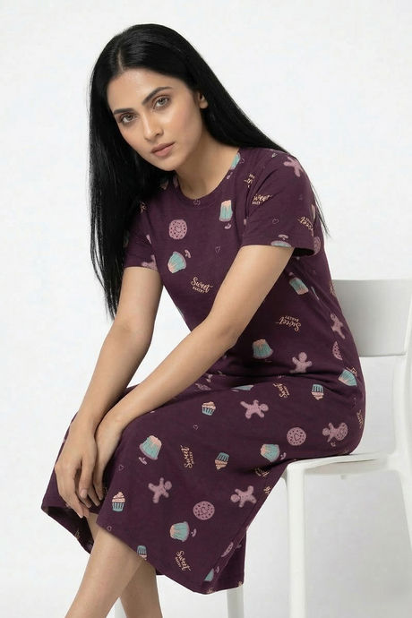 Zivame Farm Lore Knit Cotton Mid Length Nightdress - Plum Purple — image 3